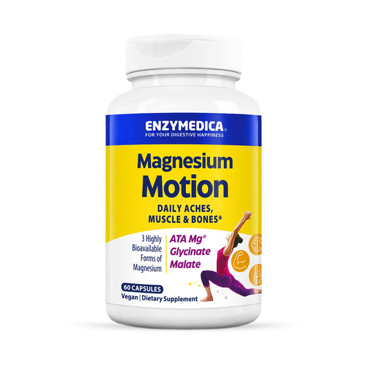 A bottle of Enzymedica Magnesium Motion dietary supplement, which contains highly bioavailable forms of magnesium for daily aches and support of muscle and bones.