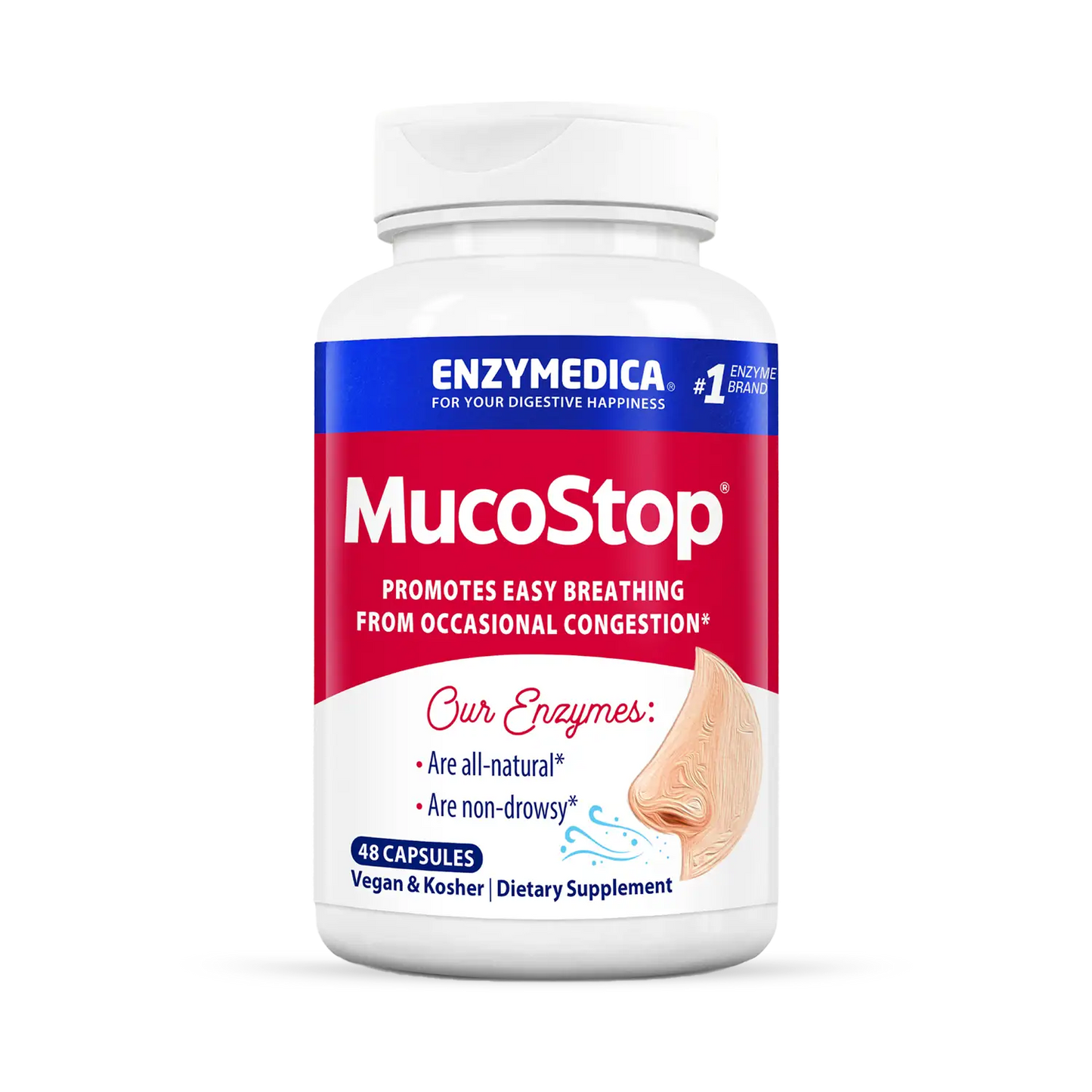 A bottle of Enzymedica MucoStop capsules, which is a dietary supplement for promoting easy breathing from occasional congestion.