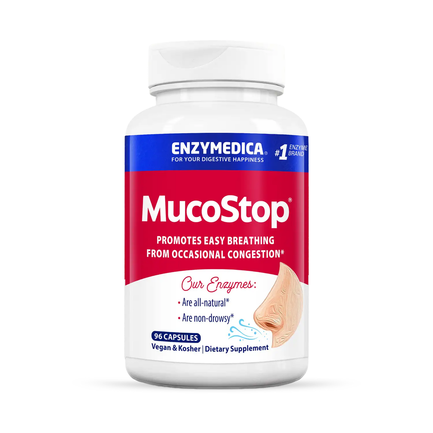 A bottle of Enzymedica MucoStop capsules, which is a dietary supplement for promoting easy breathing from occasional congestion.