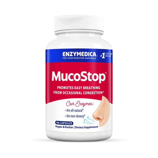 A bottle of Enzymedica MucoStop capsules, which is a dietary supplement for promoting easy breathing from occasional congestion.