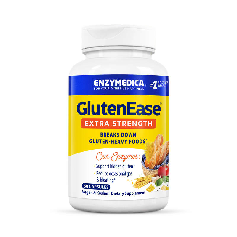 A bottle of Enzymedica GlutenEase Extra Strength dietary supplement, which is designed to aid digestion of gluten-heavy foods.