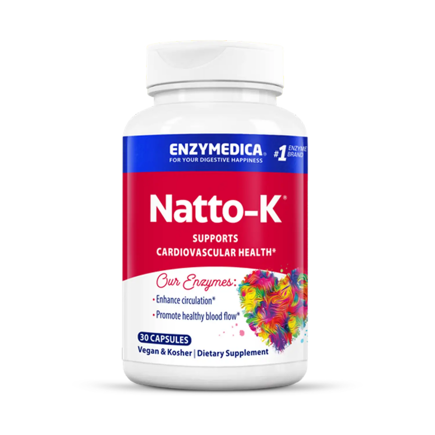 A bottle of Enzymedica Natto-K, a dietary supplement designed to support cardiovascular health, with 60 capsules inside. The packaging is predominantly white with red and blue accents and features a floral design.