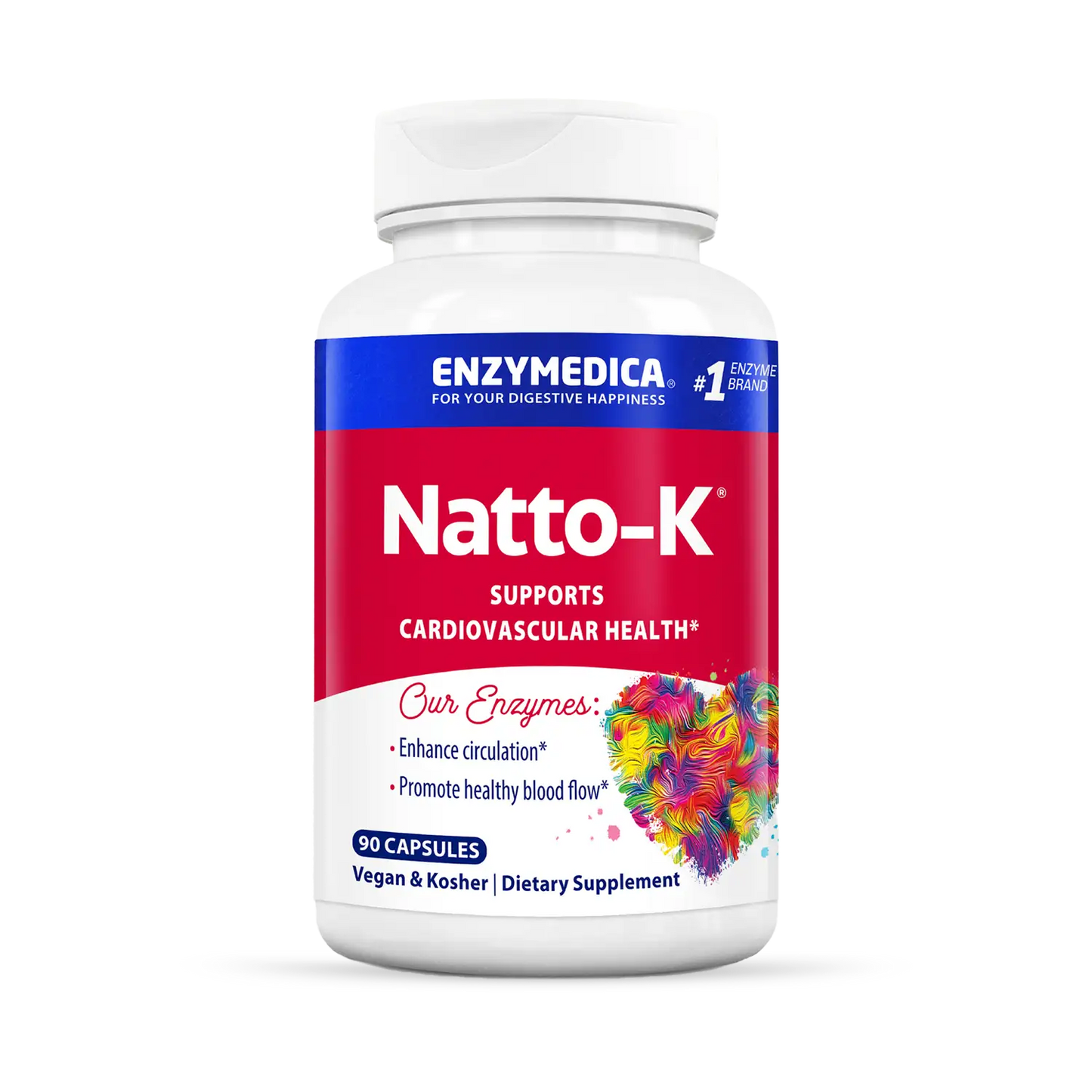 A bottle of Enzymedica Natto-K, a dietary supplement designed to support cardiovascular health, with 60 capsules inside. The packaging is predominantly white with red and blue accents and features a floral design.