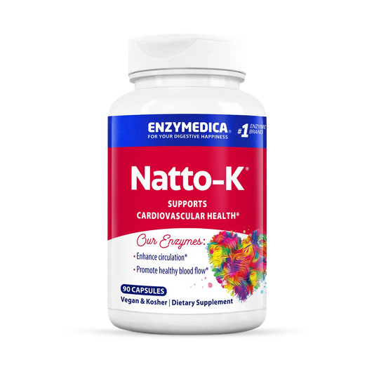 A bottle of Enzymedica Natto-K, a dietary supplement designed to support cardiovascular health, with 60 capsules inside. The packaging is predominantly white with red and blue accents and features a floral design.