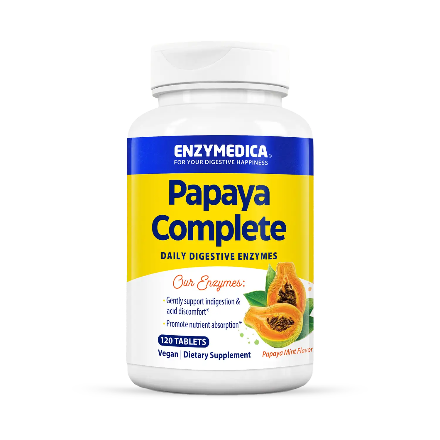 A bottle of Enzymedica Papaya Complete daily digestive enzymes dietary supplement with a yellow and blue label, featuring an image of papaya slices.