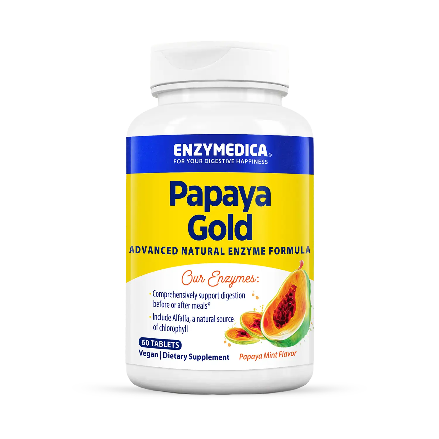 A bottle of Enzymedica Papaya Gold Advanced Natural Enzyme Formula dietary supplement, with a predominantly yellow label and a picture of a papaya on the front.