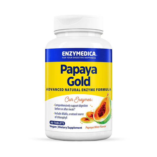 A bottle of Enzymedica Papaya Gold Advanced Natural Enzyme Formula dietary supplement, with a predominantly yellow label and a picture of a papaya on the front.