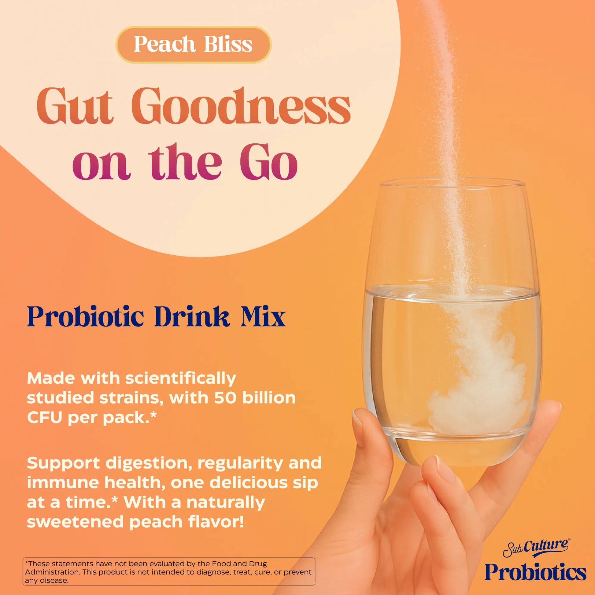 Probiotic drink mix packaging with a glass of water and peach flavor text on an orange background