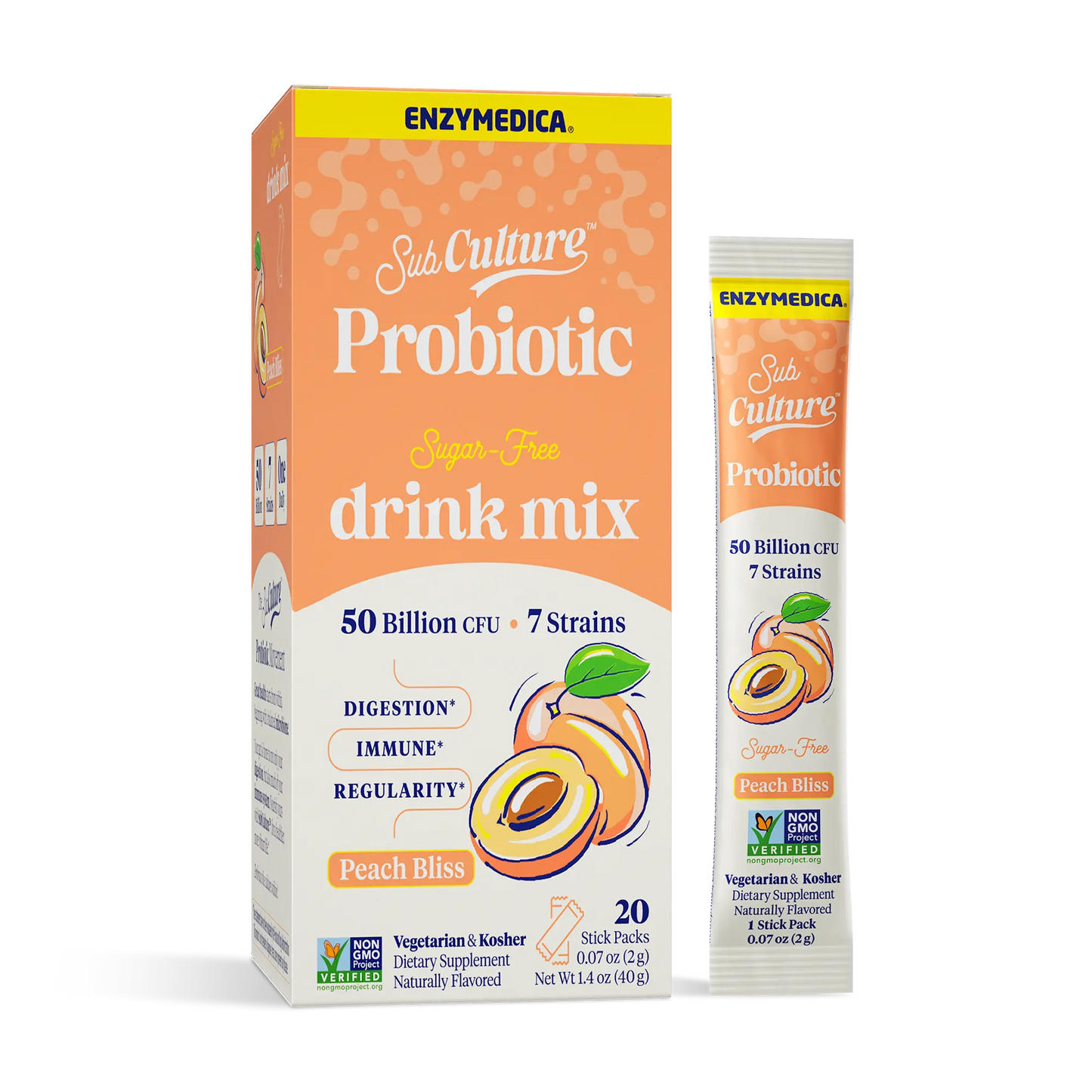 Enzymedica Sub Culture Probiotic drink mix packaging with peach flavor on a white background