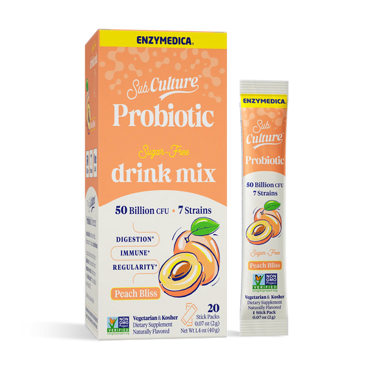 Enzymedica Sub Culture Probiotic drink mix packaging with peach flavor on a white background