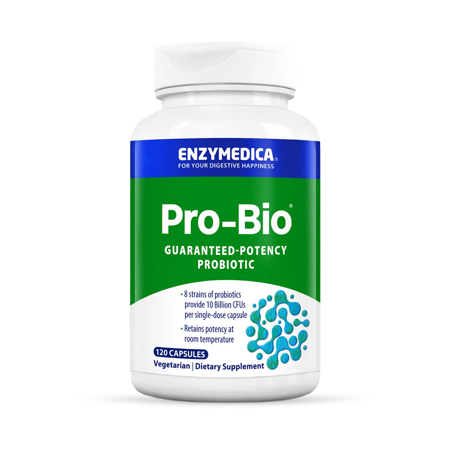 A bottle of Enzymedica Pro-Bio, a guaranteed potency probiotic supplement.