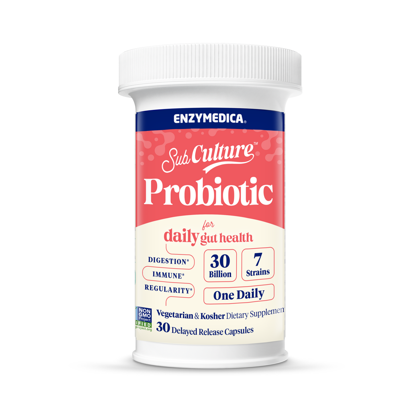 Enzymedica Probiotic supplement container on a white background subculture probiotic for daily gut health that holds 30 delayed release capsules