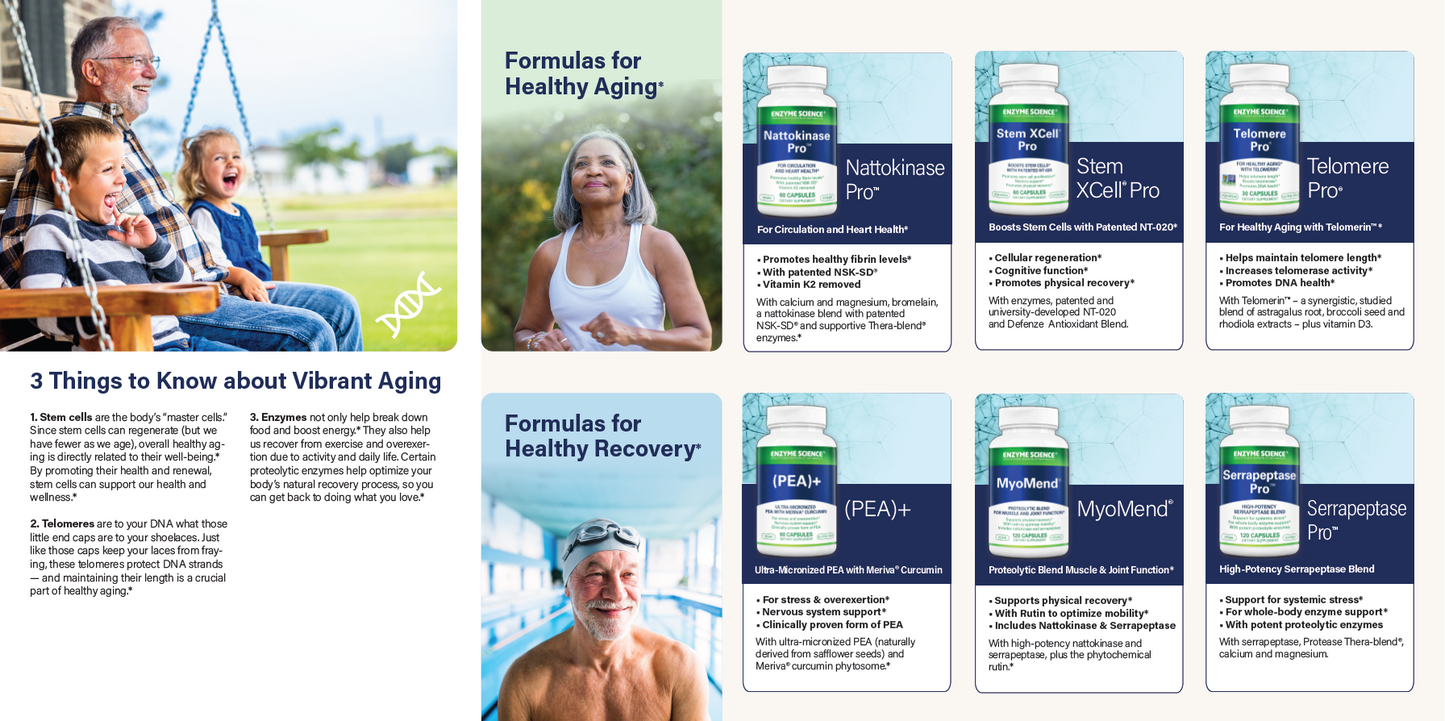 Vitamins and supplements advertisement with family, health tips, and product images.