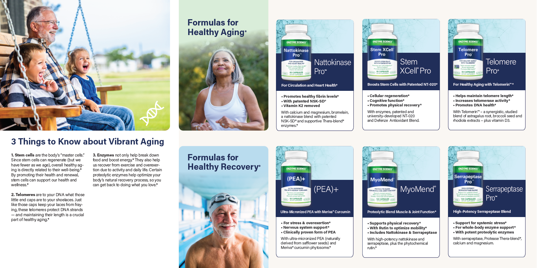 Vitamins and supplements advertisement with family, health tips, and product images.
