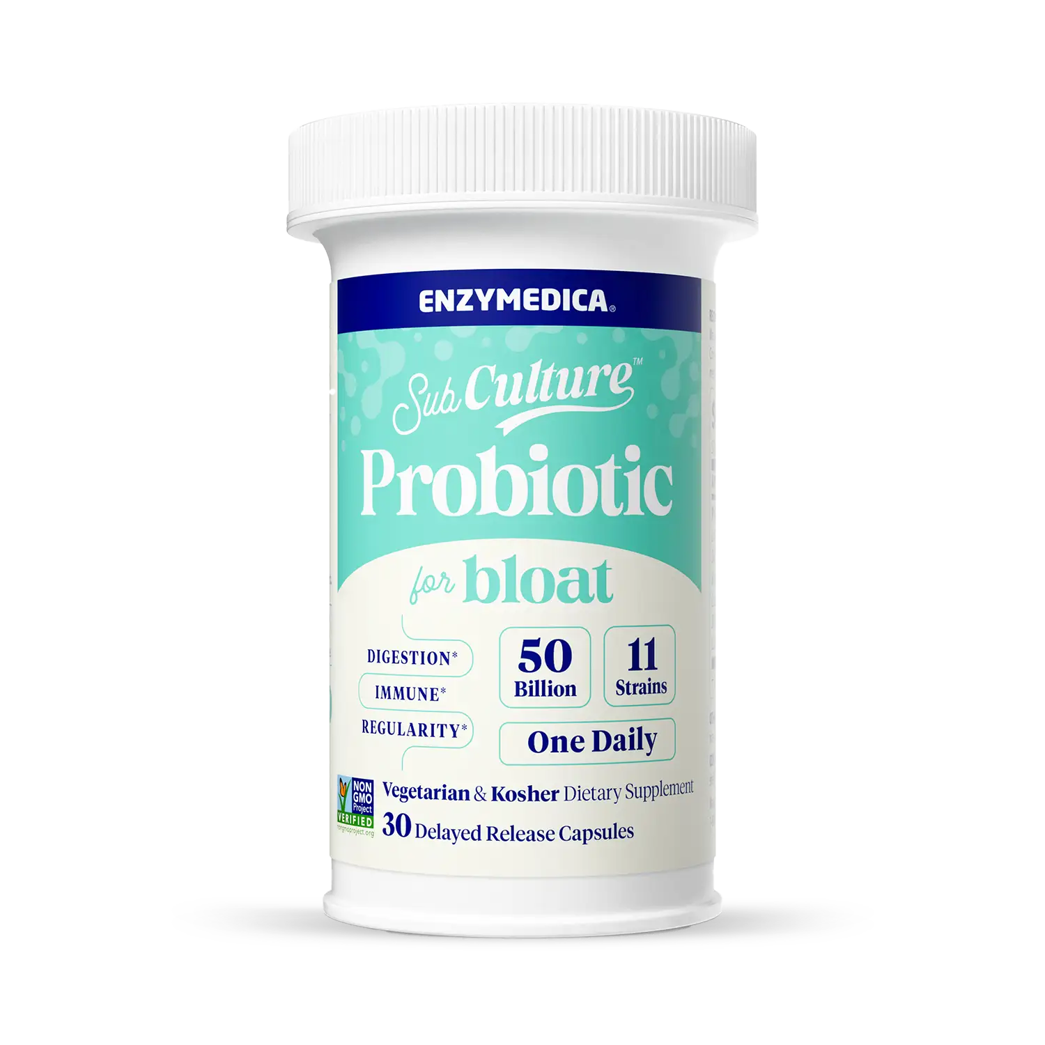 A bottle of Subculture Probiotic for Bloat by Enzymedica, with blue and white label, containing 30 delayed-release capsules.