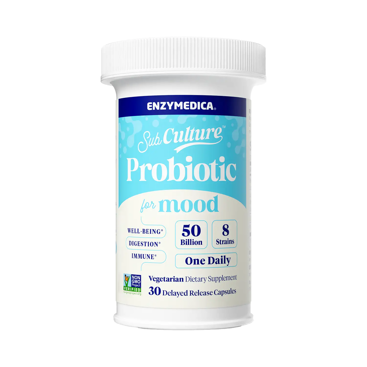 A bottle of Enzymedica Subculture Probiotic for mood with label detailing the product as a dietary supplement for digestion and immune health, with 50 billion CFU, 8 strains, and 30 capsules.