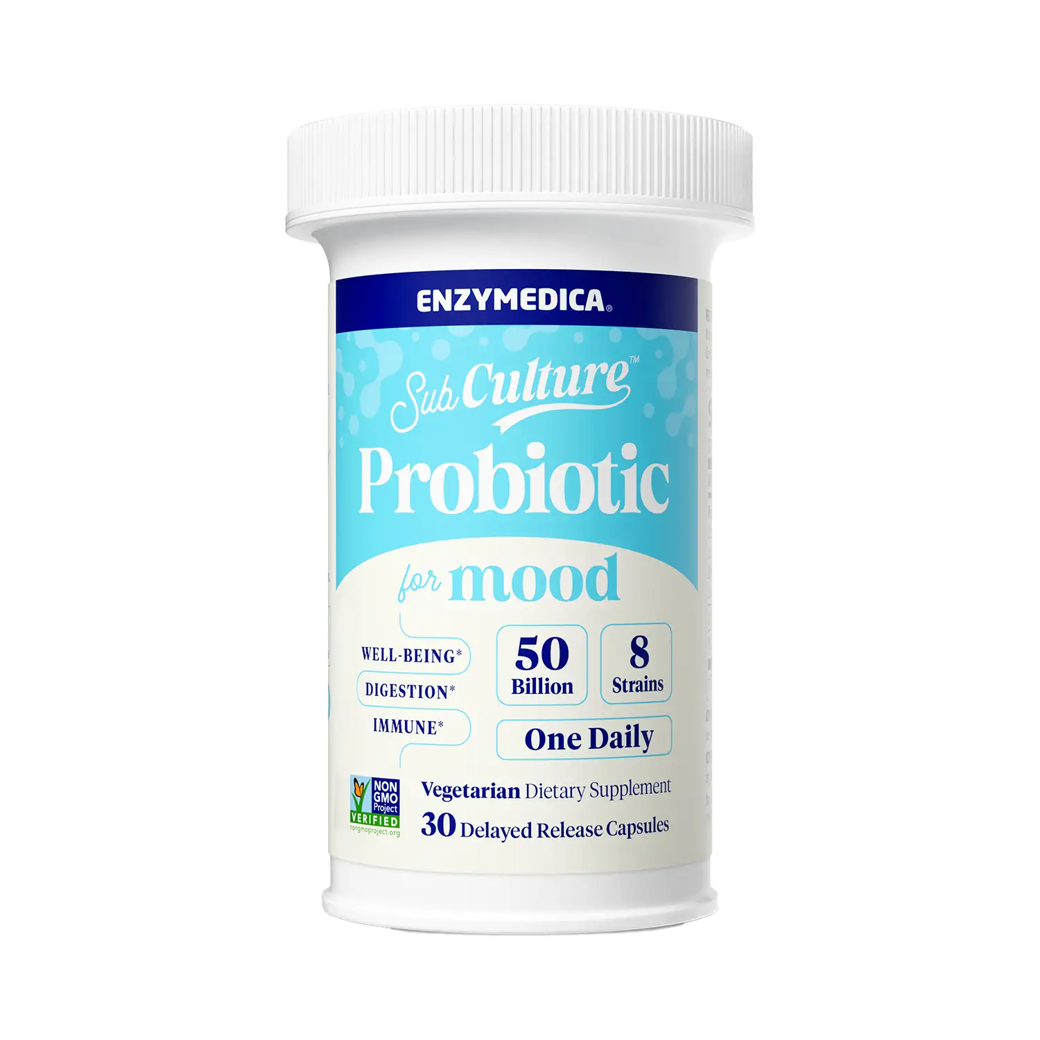 A bottle of Enzymedica Subculture Probiotic for mood with label detailing the product as a dietary supplement for digestion and immune health, with 50 billion CFU, 8 strains, and 30 capsules.