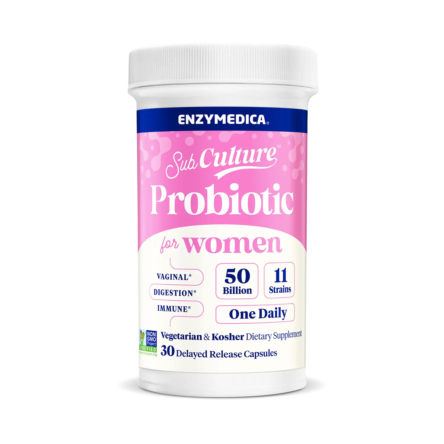 A bottle of Enzymedica Sub Culture Probiotic for Women with pink and blue label, indicating 50 billion CFU, 11 strains, and one daily dosage.