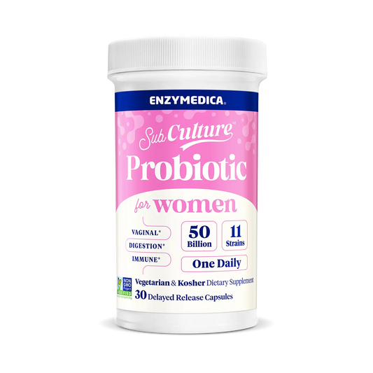 A bottle of Enzymedica Sub Culture Probiotic for Women with pink and blue label, indicating 50 billion CFU, 11 strains, and one daily dosage.