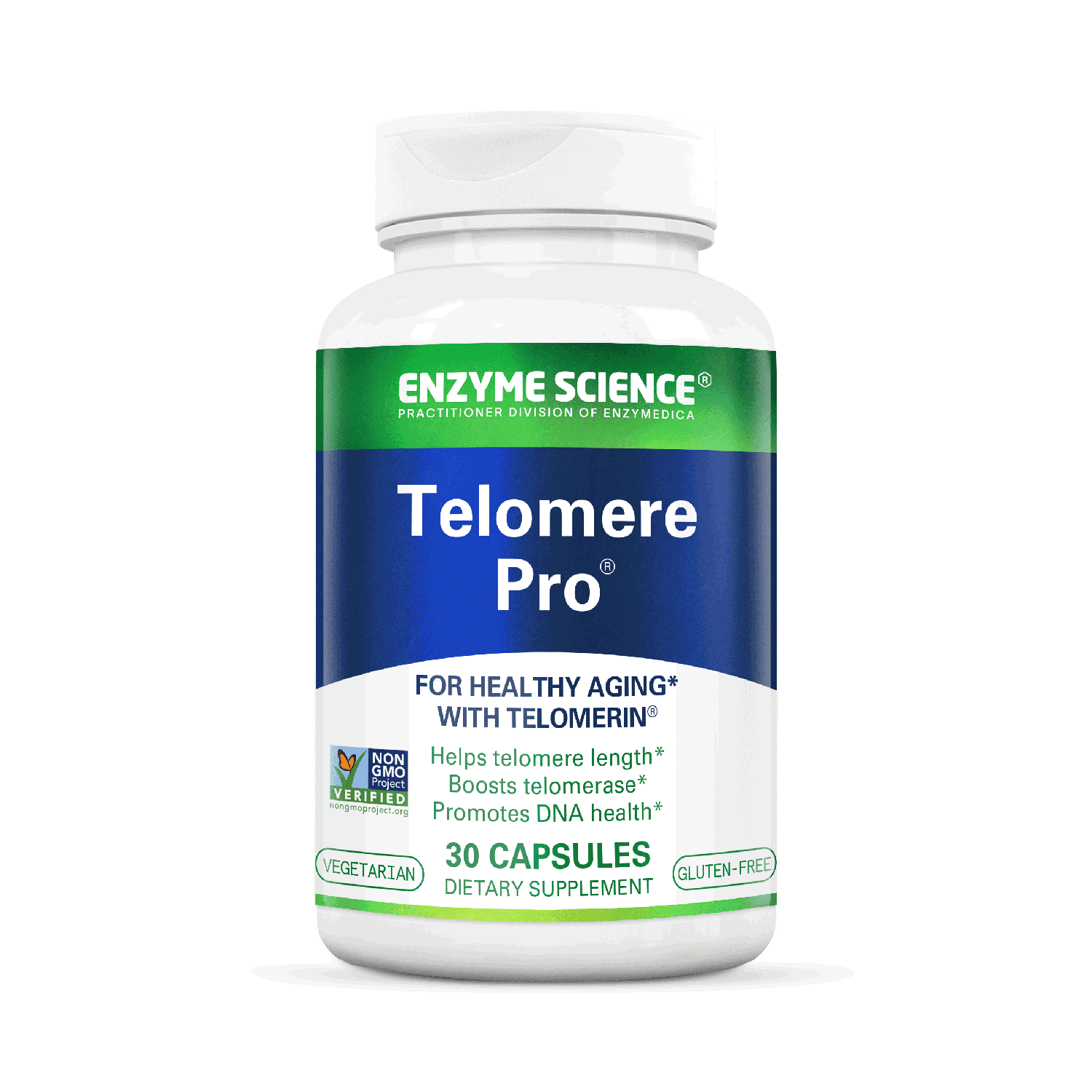 A bottle of Telomere Pro dietary supplement by Enzyme Science, with 30 capsules, designed for healthy aging.