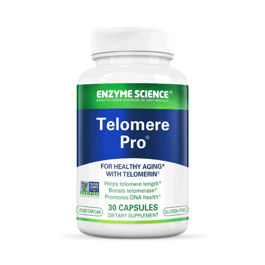 A bottle of Telomere Pro dietary supplement by Enzyme Science, with 30 capsules, designed for healthy aging.