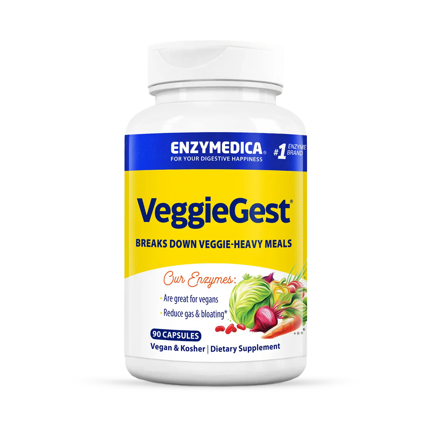 A bottle of VeggieGest dietary supplement by Enzymedica, with a label showing various fruits and vegetables indicating its use for breaking down vegetable-heavy meals.
