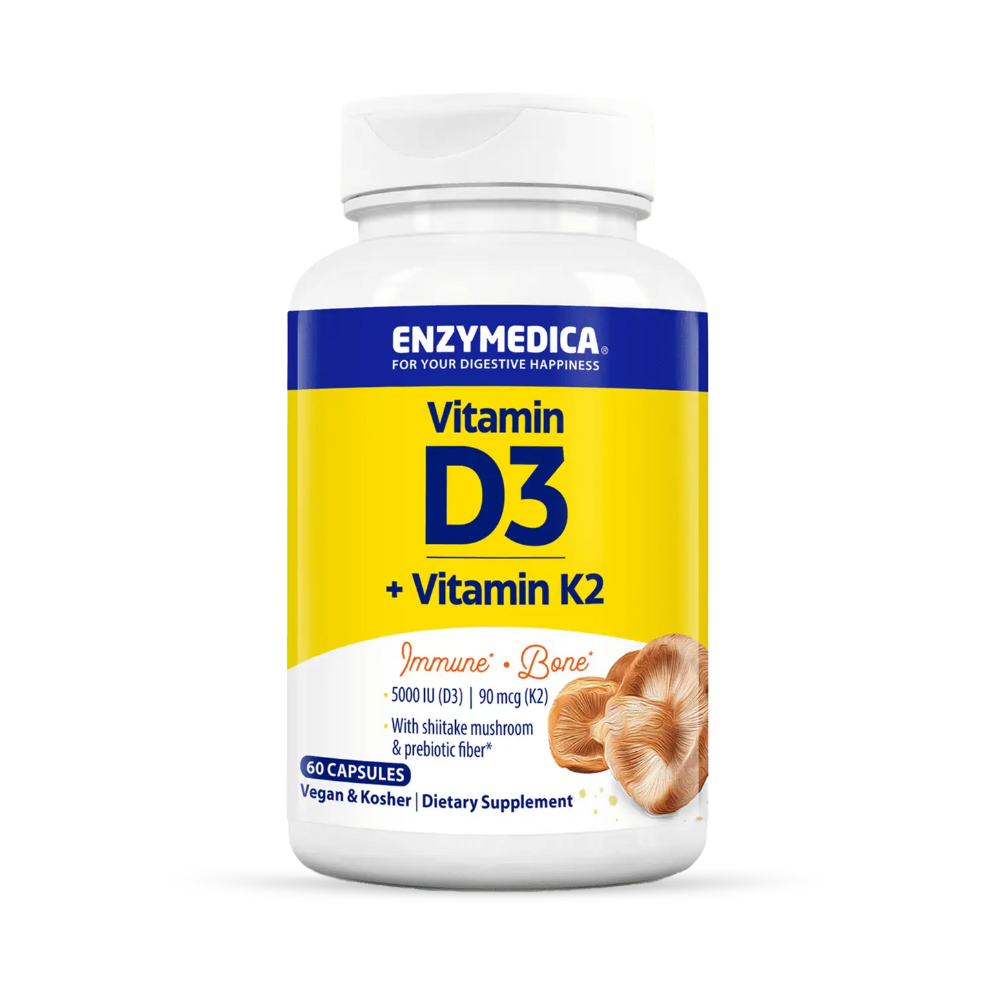 A bottle of Enzymedica Vitamin D3 + Vitamin K2 dietary supplement with 5000 IU of Vitamin D3 and 90 mcg of Vitamin K2 MK-7, plant-derived and soy-free, with 60 capsules inside.