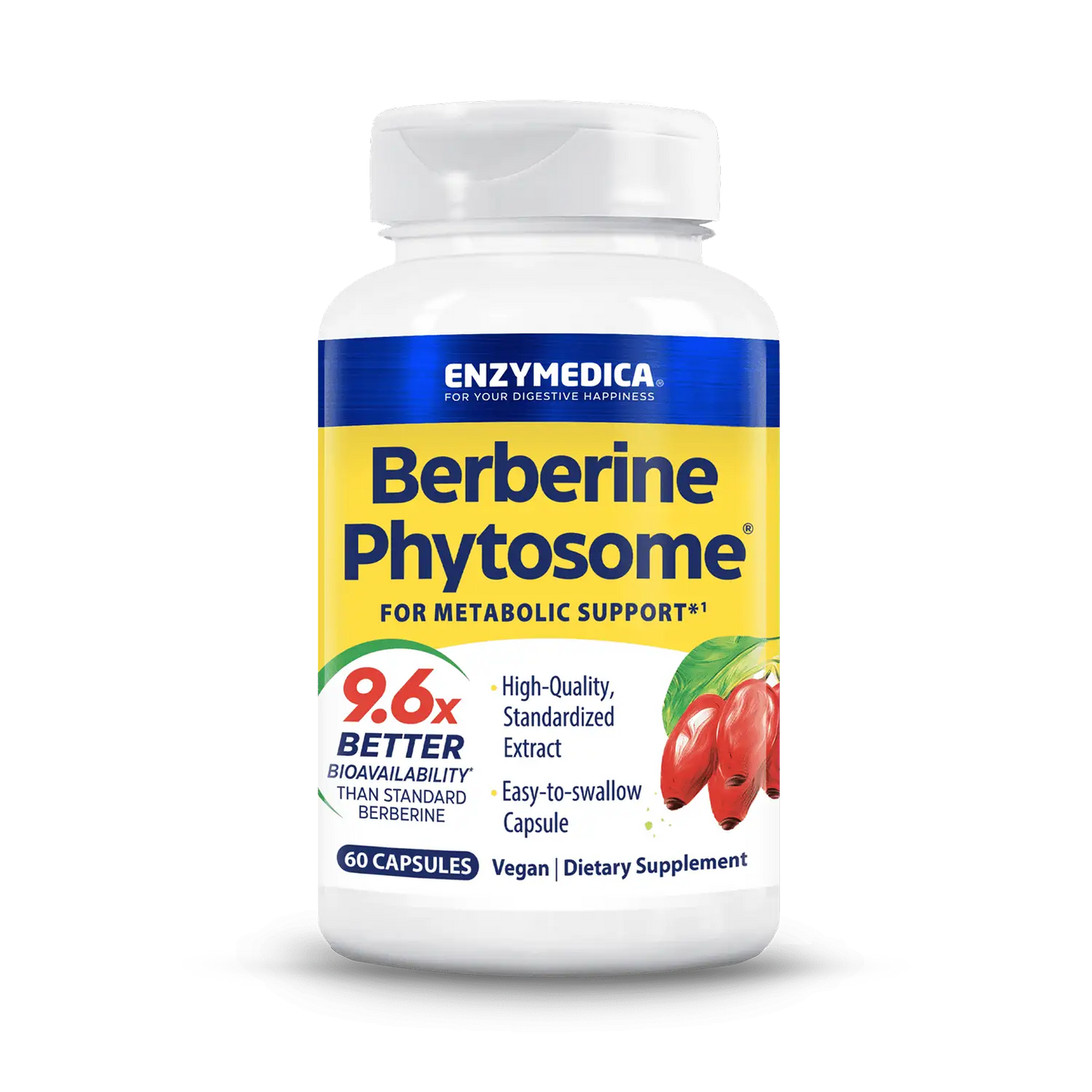 A bottle of Enzymedica Berberine Phytosome, with branding and indications of its use for metabolic support and improved absorption.