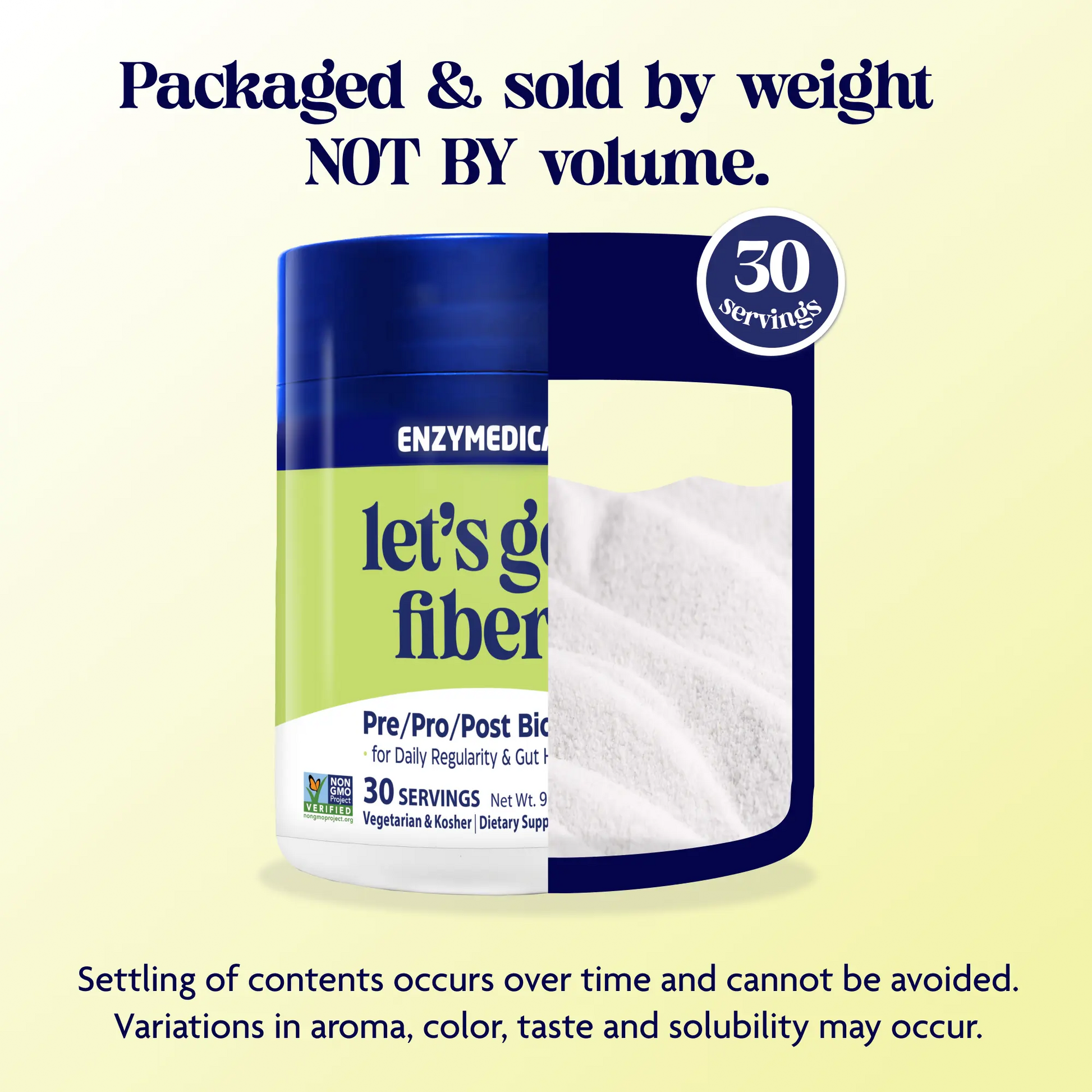 Enzymedica fiber supplement container with text about packaging and product details.