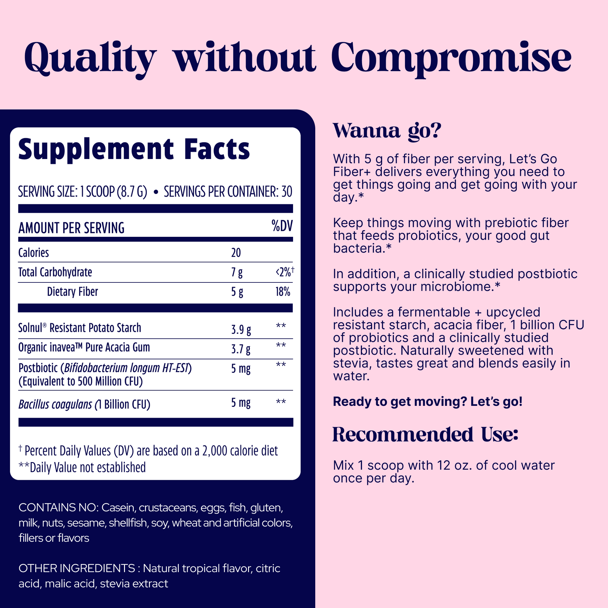 Supplement facts label with a pink and blue color scheme on a white background for lets go fiber tropical