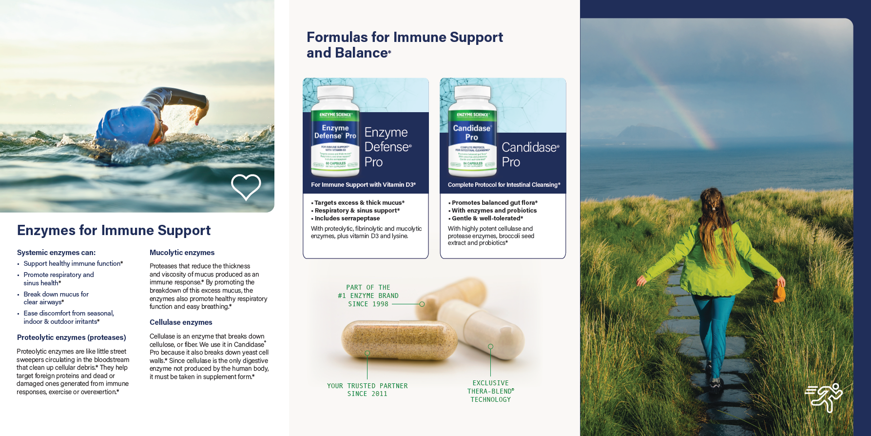 Brochure page with images of a person running, supplements, and a woman walking in a field with a rainbow.