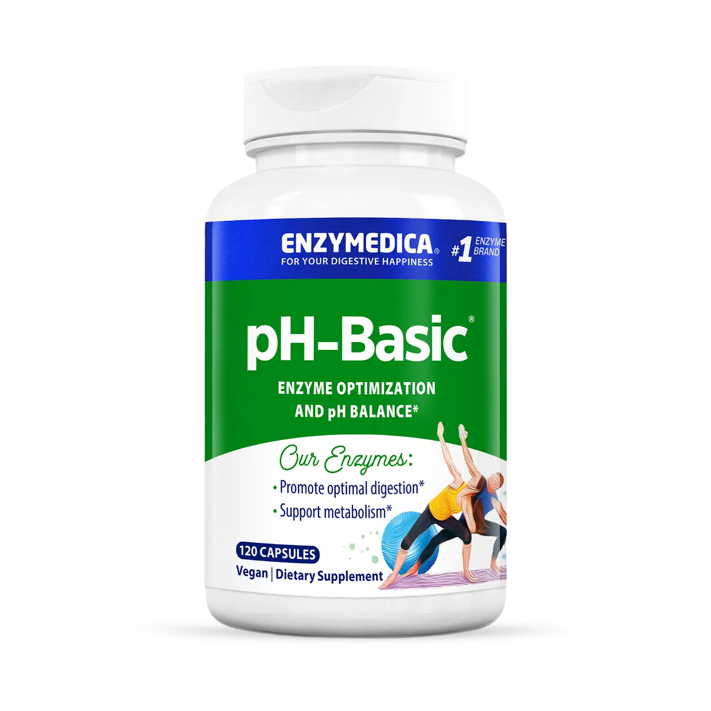 A bottle of Enzymedica pH-Basic dietary supplement with 120 capsules, labeled for enzyme optimization and pH balance.