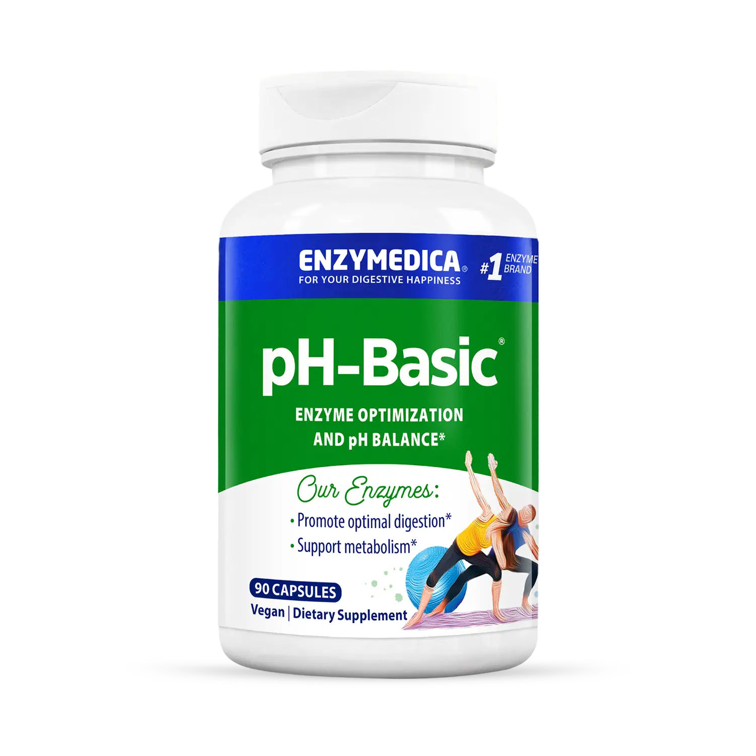 A bottle of Enzymedica pH-Basic dietary supplement with 120 capsules, labeled for enzyme optimization and pH balance.