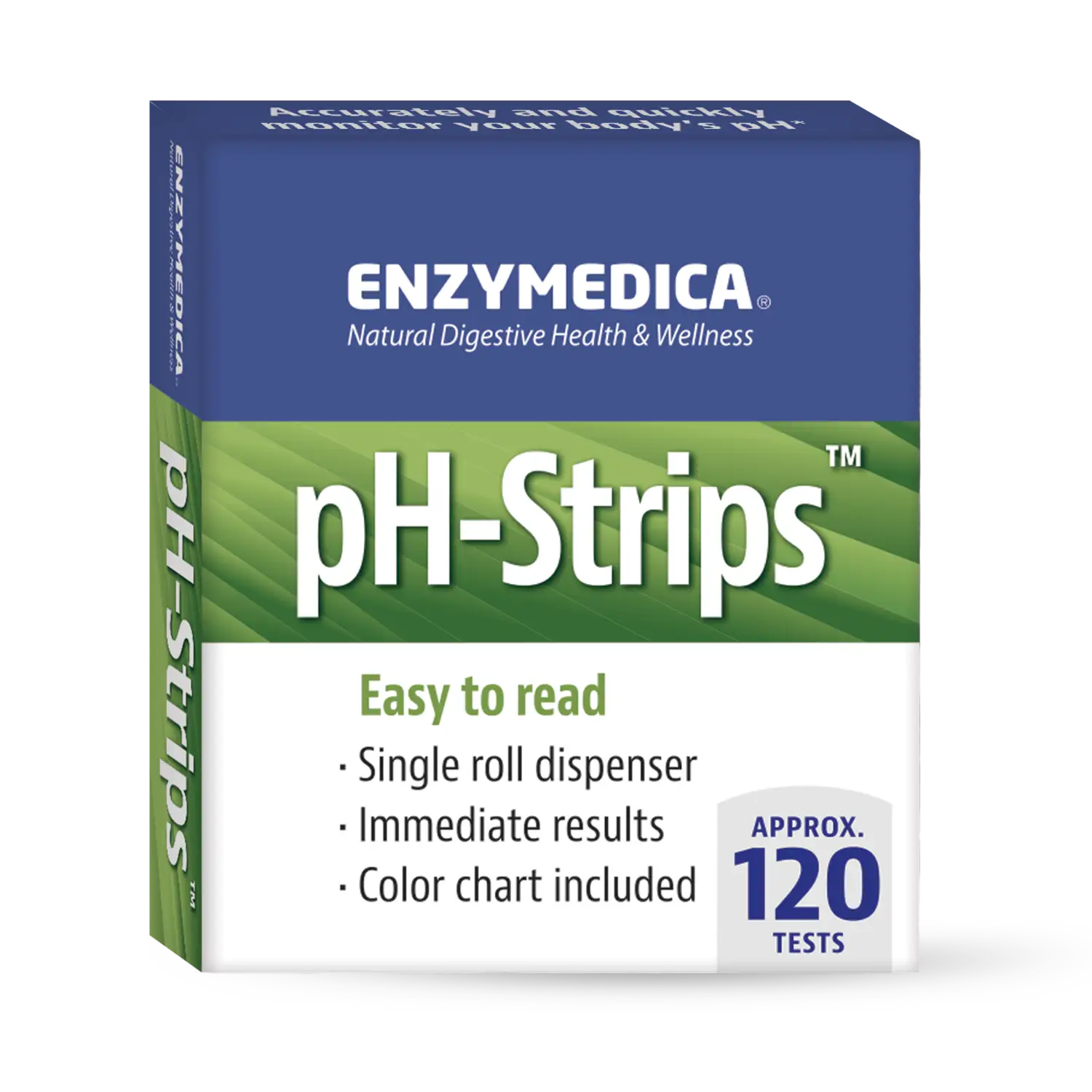Box of Enzymedica pH-Strips with details about the product being easy to read, having a single roll dispenser, providing immediate results, and including a color chart with 120 tests.