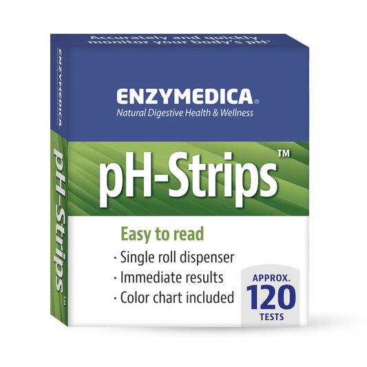Box of Enzymedica pH-Strips with details about the product being easy to read, having a single roll dispenser, providing immediate results, and including a color chart with 120 tests.