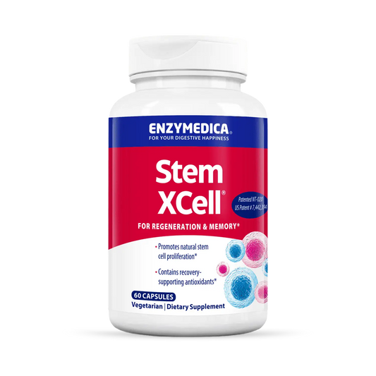 A bottle of Enzymedica Stem XCell dietary supplement, which is labeled as containing 60 capsules for regeneration and memory support.
