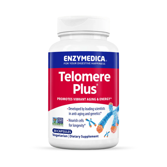 A bottle of Enzymedica Telomere Plus dietary supplement with red and blue label, containing 60 capsules, promoting vibrant aging and energy.