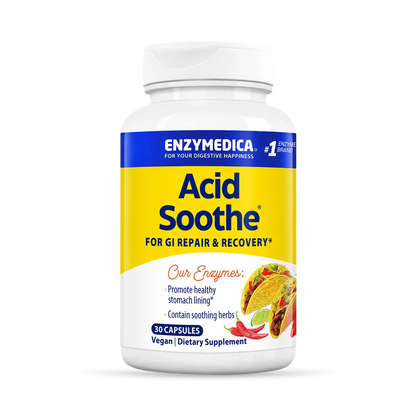 A bottle of Enzymedica Acid Soothe dietary supplement, which is vegan, with a yellow and blue label.