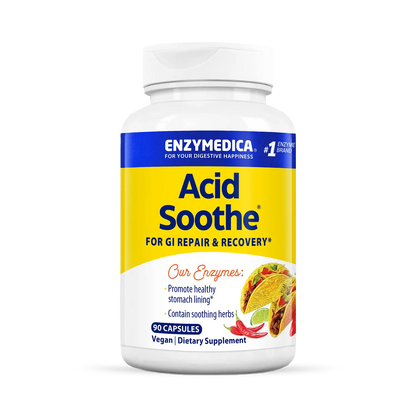 A bottle of Enzymedica Acid Soothe dietary supplement, which is vegan, with a yellow and blue label.