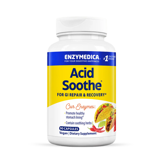 A bottle of Enzymedica Acid Soothe dietary supplement, which is vegan, with a yellow and blue label.