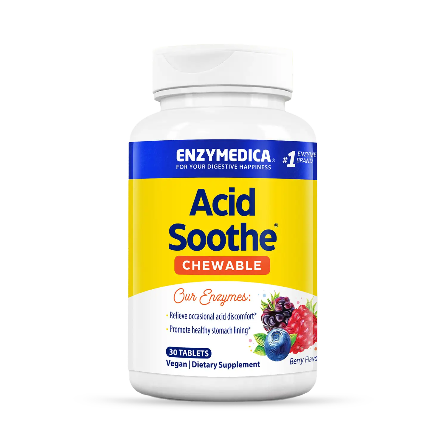 A bottle of Enzymedica Acid Soothe Chewable tablets, berry flavored dietary supplement.
