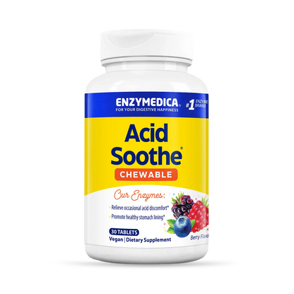 A bottle of Enzymedica Acid Soothe Chewable tablets, berry flavored dietary supplement.