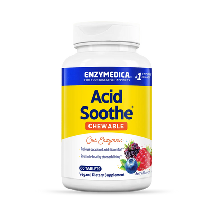 A bottle of Enzymedica Acid Soothe Chewable tablets, berry flavored dietary supplement.