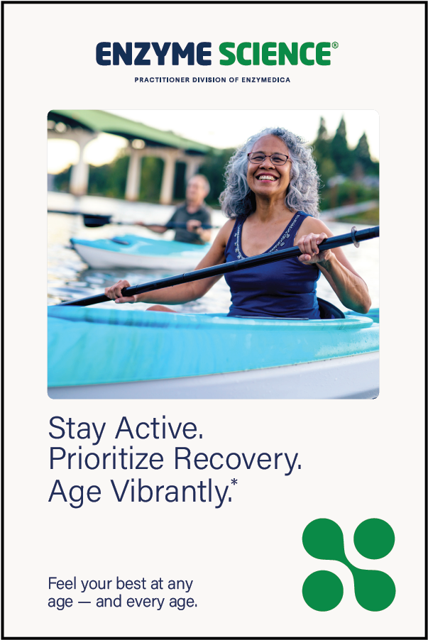 Advertisement for Enzyme Science with a woman in a kayak and text about staying active and prioritizing recovery.
