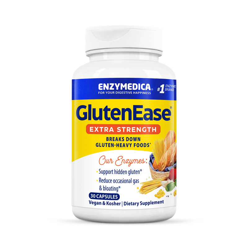 A bottle of Enzymedica GlutenEase Extra Strength dietary supplement, which is designed to aid digestion of gluten-heavy foods.