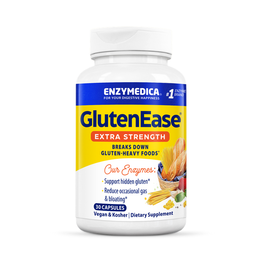 A bottle of Enzymedica GlutenEase Extra Strength dietary supplement, which is designed to aid digestion of gluten-heavy foods.