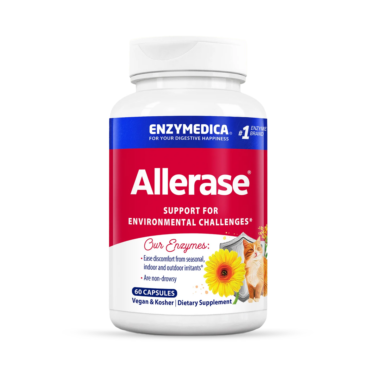 A bottle of Enzymedica Allerase dietary supplement with a label featuring a sun and floral design.