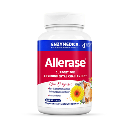 A bottle of Enzymedica Allerase dietary supplement with a label featuring a sun and floral design.