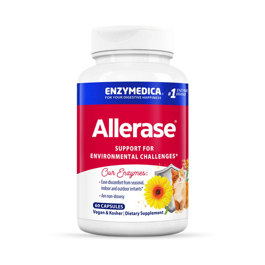 A bottle of Enzymedica Allerase dietary supplement with a label featuring a sun and floral design.