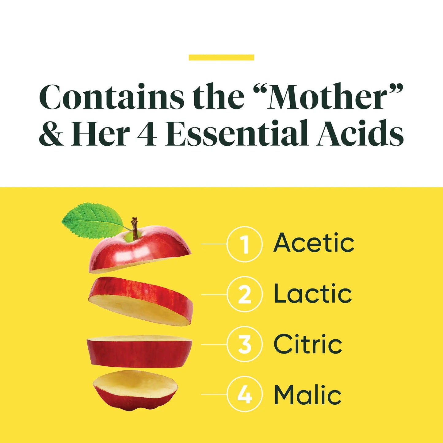 advertisement for apple cider vinegar, contains the 'mother' and her 4 essential acids